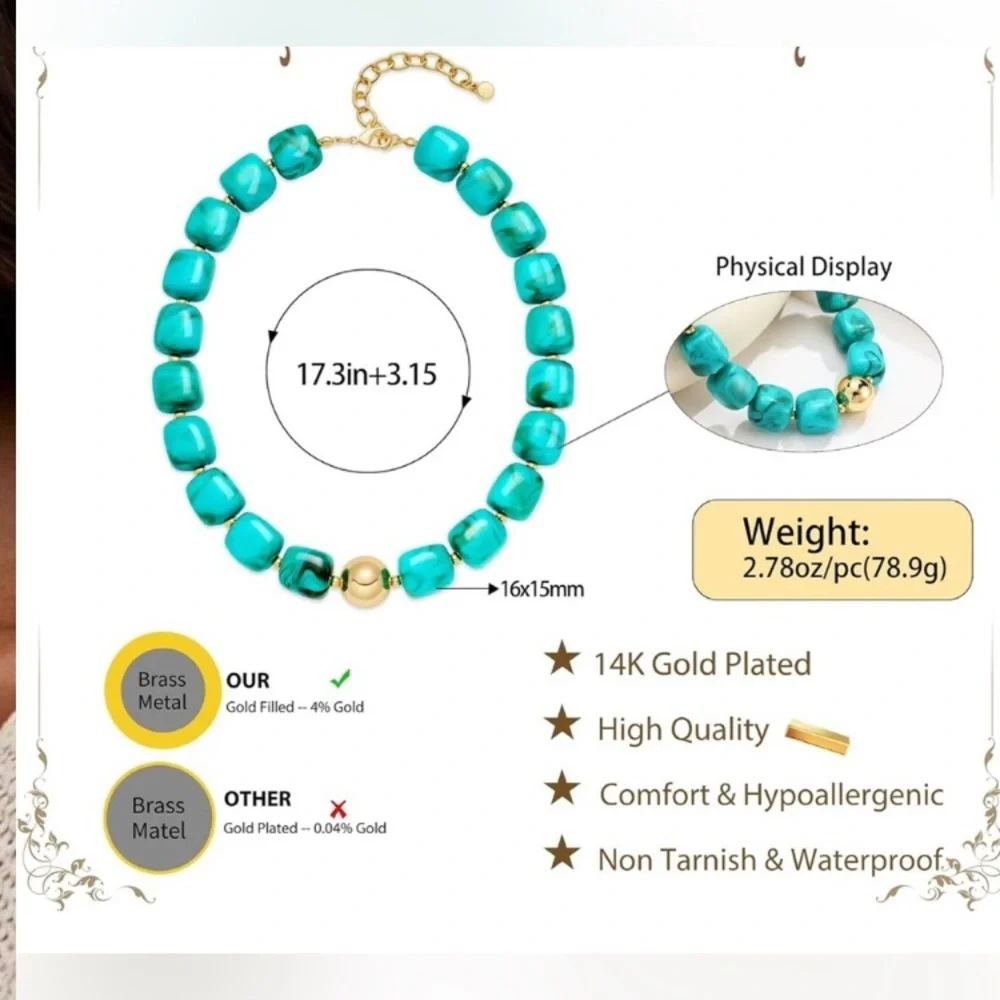 14k Gold Plated Turquoise Marbled Dopamine Beaded Necklace with Gold Accent new